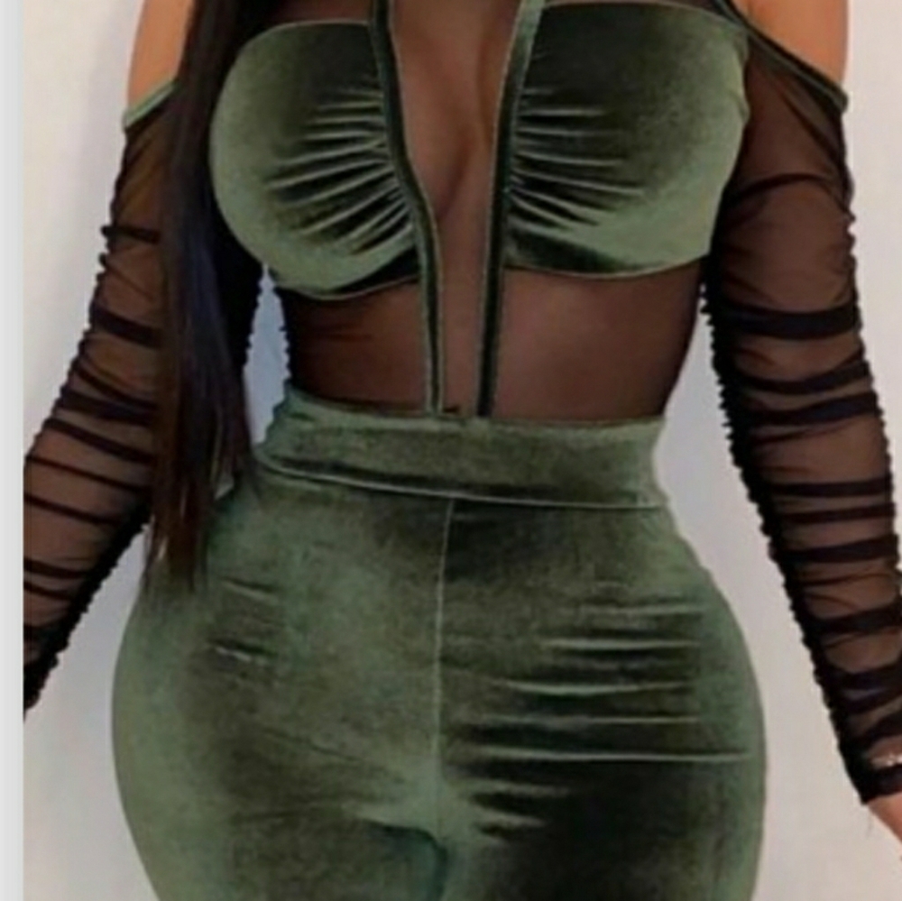 Olive green velvet/sheer jumpsuit